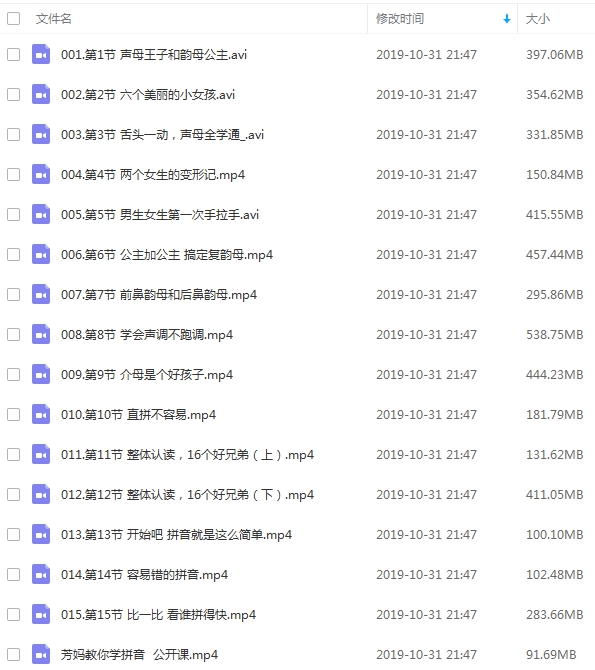 拼音学习视频教程《芳妈教你学拼音》[AVI/MP4/4.58GB]百度云网盘下载